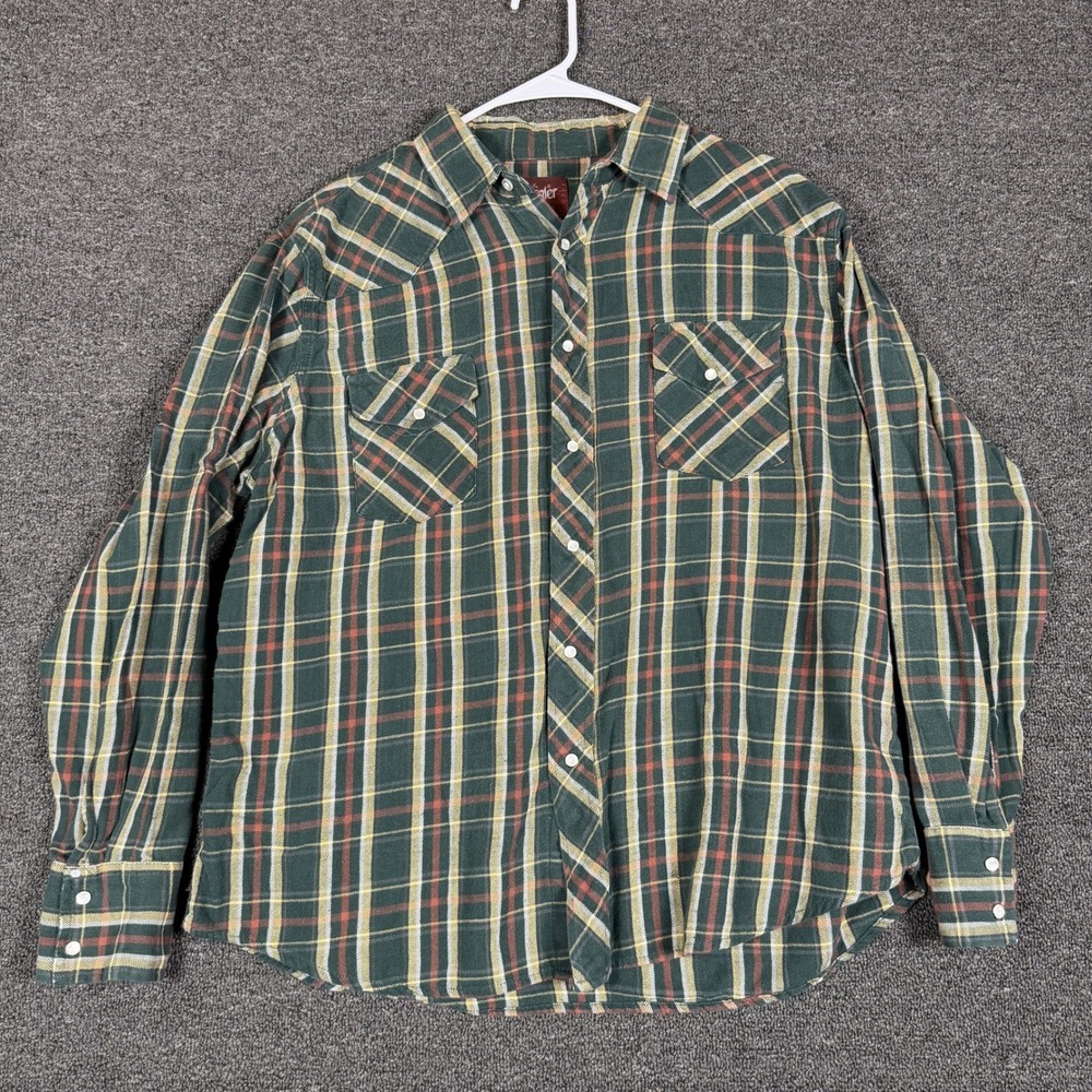 Wrangler Western Shirt Mens XL Green Plaid Pearl Snap Flannel Long Sleeve